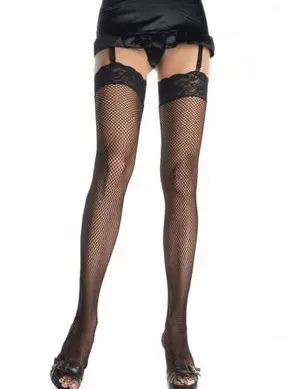 Fishnet Thigh Highs With Lace Top- One Size - Blk