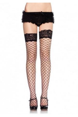 Lace Top Fence Net Thigh Highs - One Size - Black