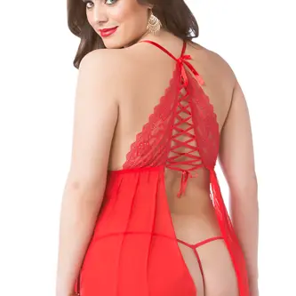 Lace and Mesh Babydoll and Thong Set - One Size Queen - Red