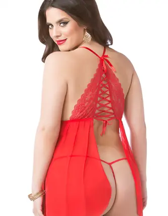 Lace and Mesh Babydoll and Thong Set - One Size Queen - Red