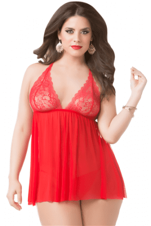 Lace and Mesh Babydoll and Thong Set - One Size Queen - Red