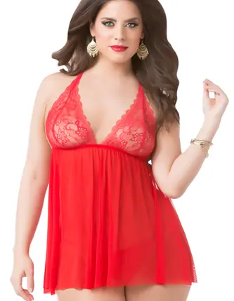 Lace and Mesh Babydoll and Thong Set - One Size Queen - Red