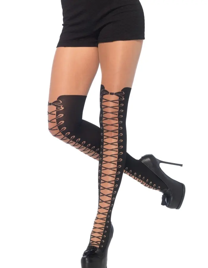 All Tied Up Pantyhose With Opaque Faux Thigh High Boot Detail - One Size