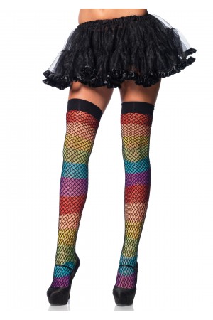 Rainbow Thigh Highs With Fishnet Overlay - One Size