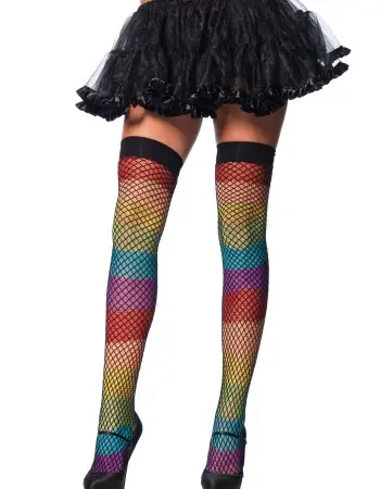 Rainbow Thigh Highs With Fishnet Overlay - One Size