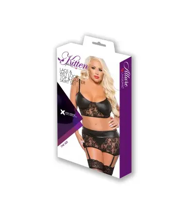 Kitten Plus Lace & Wet Look Top & Garter Skirt Set - One Size Plus Size