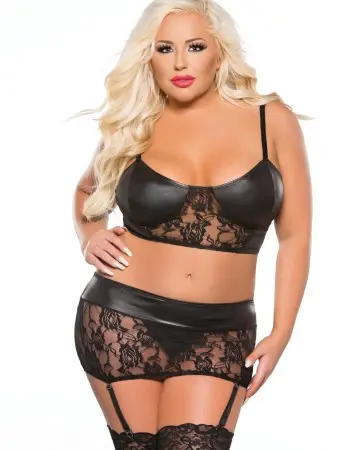 Kitten Plus Lace & Wet Look Top & Garter Skirt Set - One Size Plus Size