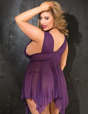 Stretch Lace & Stretch Mesh Baby Doll - Queen Size - Purple
