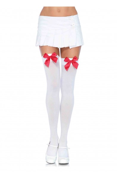 Nylon Over the Knee Socks - White With Red Bow