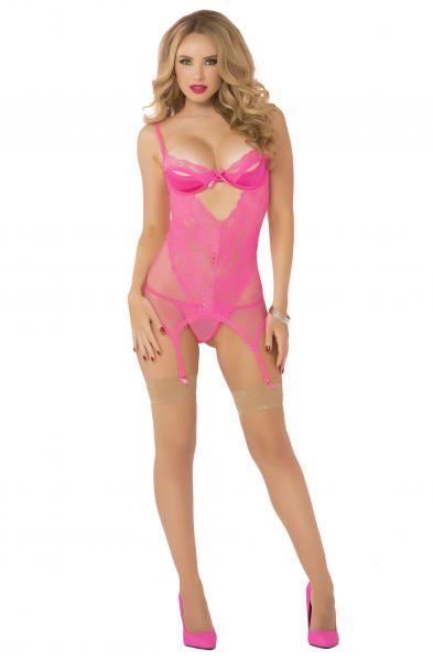 Galloon Lace & Fishnet Chemise With Thong  - One Size - Pink