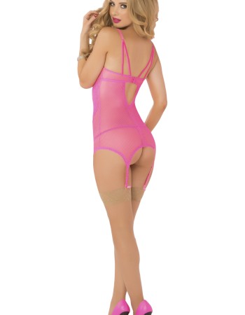 Galloon Lace & Fishnet Chemise With Thong  - One Size - Pink