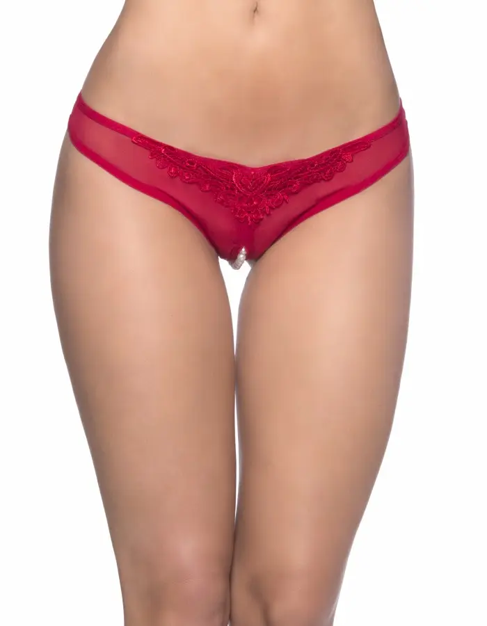 Crotchless Thong With Pearls - One Size - Red