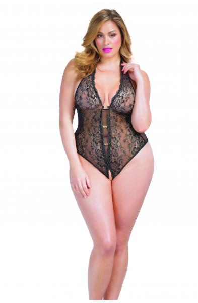 Crotchless Lace Teddy With Rhinestone Detail - Queen Size - Black/gold