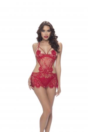 Eyelash Lace Apron Babydoll With Tie Back & G-String  - Small / Medium - Red