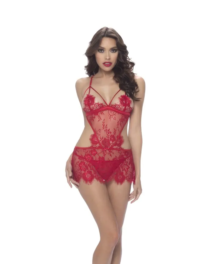 Eyelash Lace Apron Babydoll With Tie Back & G-String  - Small / Medium - Red