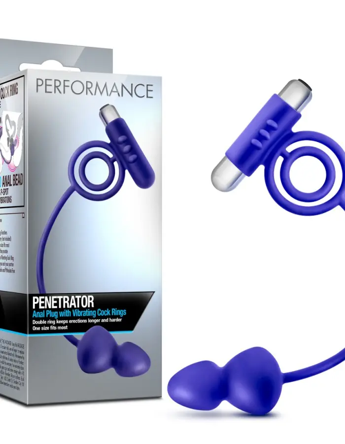 Performance Penetrator Anal Plug With Vibrating Cock Rings - Indigo