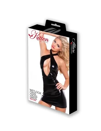 Kitten Wetlook Criss Cross  Dress - One Size -  Black