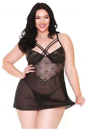 Marissa Mesh and Lace Chemise & G-String - - 1x2x -  Black