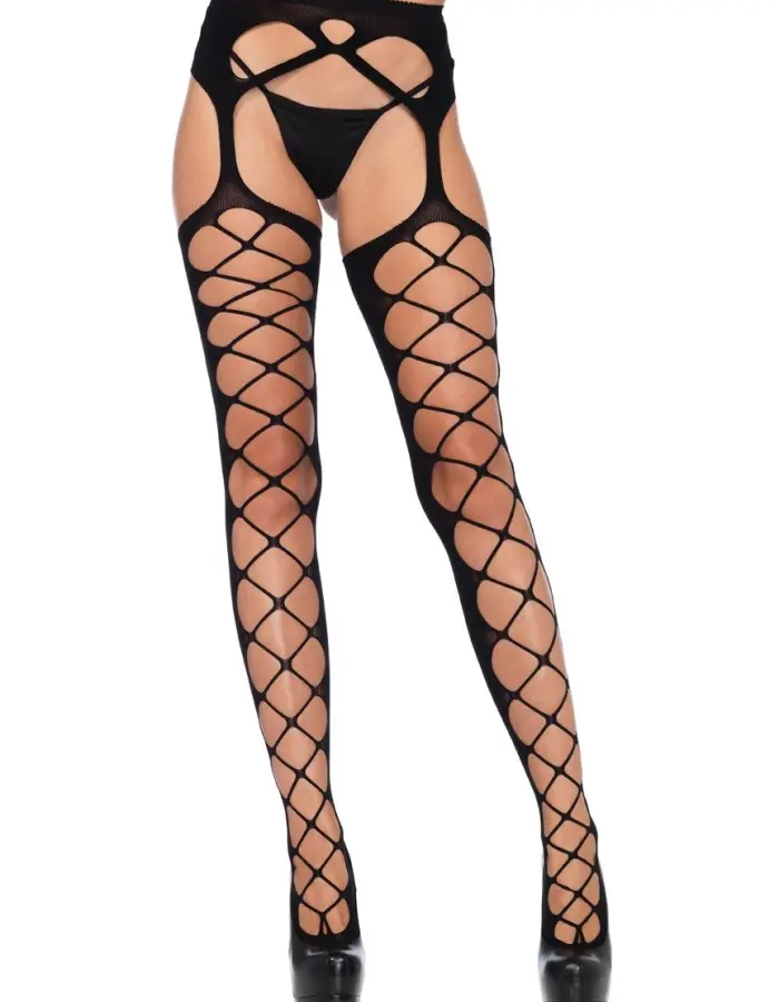 Diamond Net Opaque Stockings with Attached Garter - Black - One Size