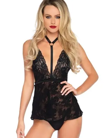 2 Pc. Lace Harness Halter Babydoll With Matching G-String - Black - One Size