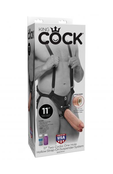 King Cock 11" Two Cocks One Hole Hollow Strap-on  Suspender System - Flesh