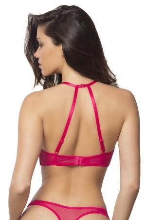 High Neck Bra With Diagonal Eyelash  Lace Panels - Large - Bright Rose