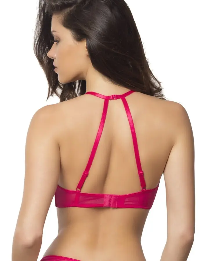 High Neck Bra With Diagonal Eyelash Lace Panels - Small - Bright Rose
