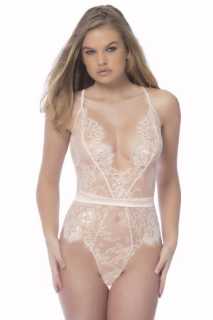 Soft Full Lace Bodysuit With Satin Trims - Large - Silver Peony