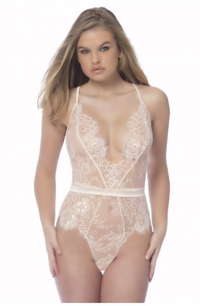 Soft Lace Bodysuit With Satin Trims - Small - Silver Peony