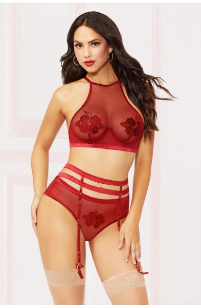 Applique & Mesh Bra Set - Medium - Burgundy