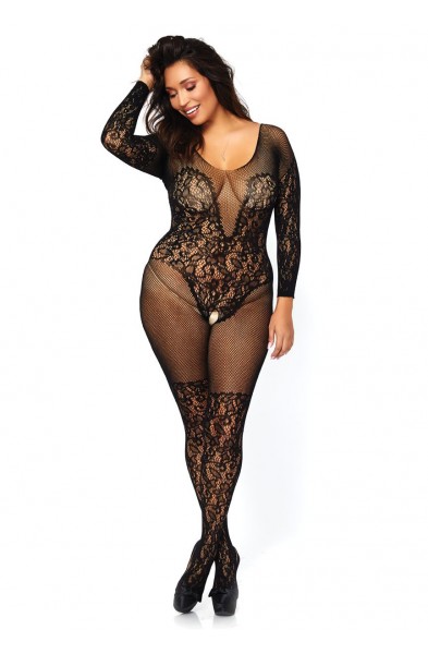 Vine Lace Bodystocking - Queen Size - Black