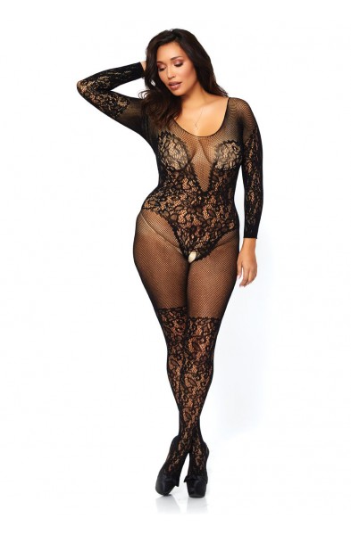 Vine Lace Bodystocking - Queen Size - Black