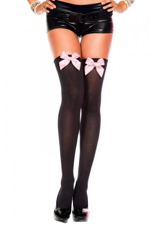 Satin Bow Opaque Thigh Hi - One Size - Black / Pink