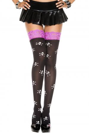 Lace Top Cross Skull Print Opaque Thigh Hi - One Size - Black / Purple