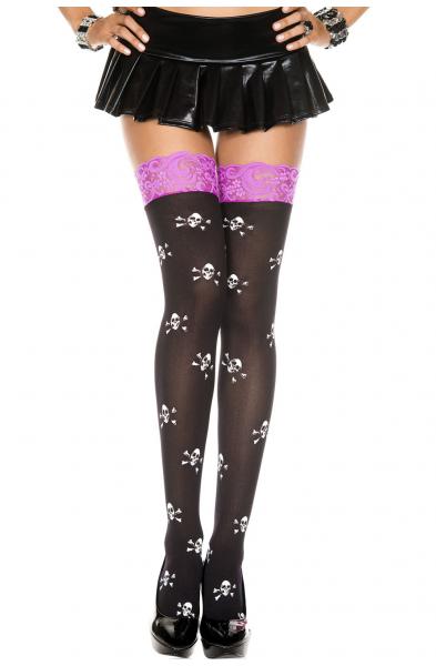 Lace Top Cross Skull Print Opaque Thigh Hi - One Size - Black / Purple