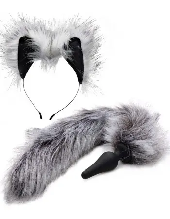 Grey Wolf Tail Anal Plug and Ears Set