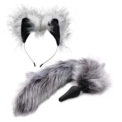 Grey Wolf Tail Anal Plug and Ears Set