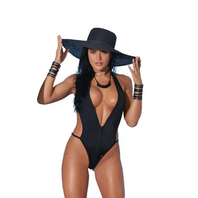 Lycra Zip Front Halter Neck Monokini - One  Size - Black