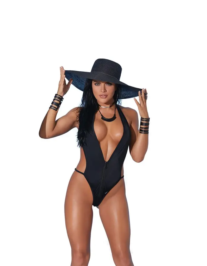 Lycra Zip Front Halter Neck Monokini - One  Size - Black