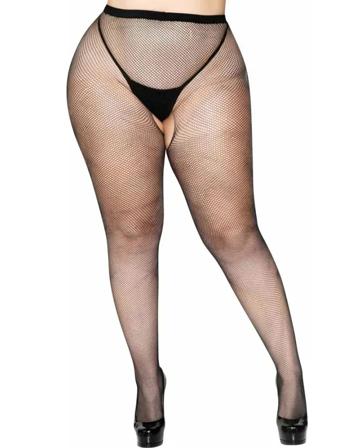 Crotchless Fishnet Pantyhose - Queen Size - Black