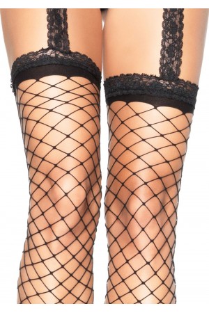 Spandex Fence Net Lace Top Stockings With Attached Lace Garterbelt - One Size - Black