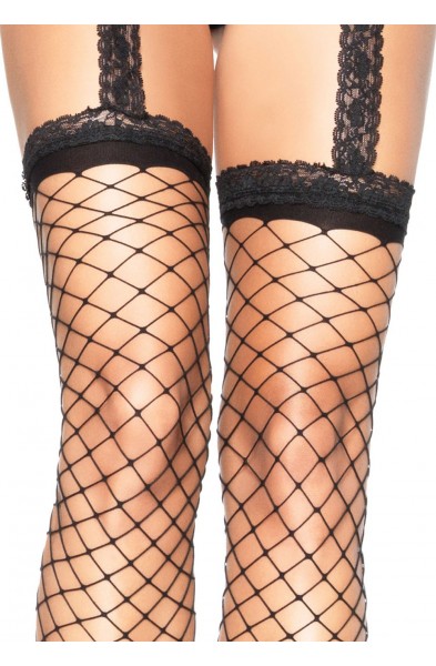 Spandex Fence Net Lace Top Stockings With Attached Lace Garterbelt - One Size - Black