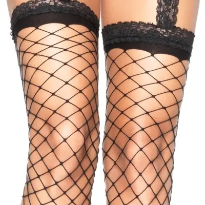 Spandex Fence Net Lace Top Stockings With Attached Lace Garterbelt - One Size - Black