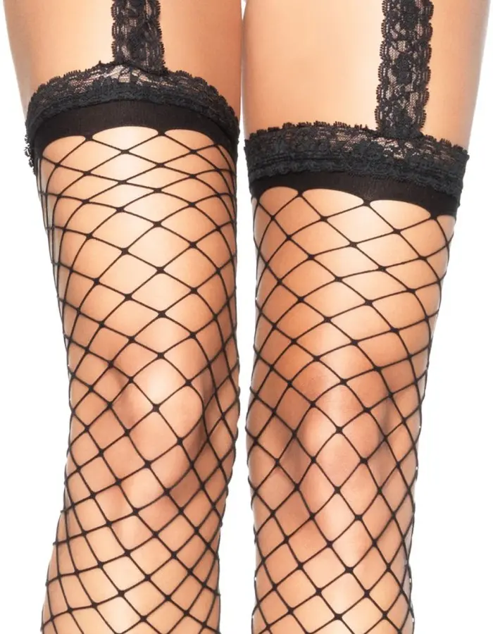 Spandex Fence Net Lace Top Stockings With Attached Lace Garterbelt - One Size - Black