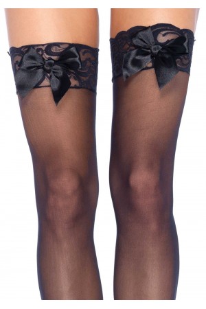 Sheer Lace Top Thigh Highs With Satin Bow Accent - One Size - Black