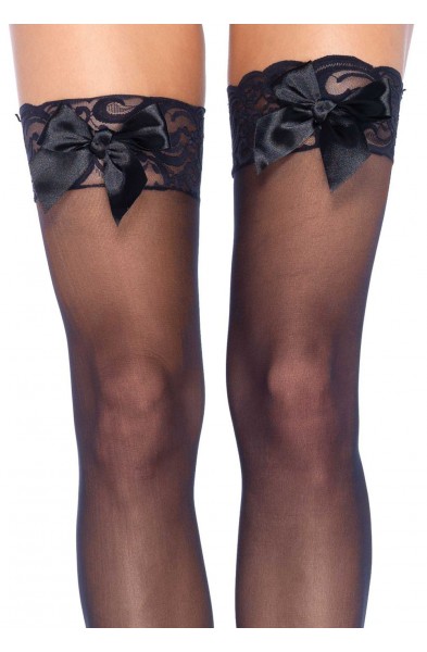 Sheer Lace Top Thigh Highs With Satin Bow Accent - One Size - Black