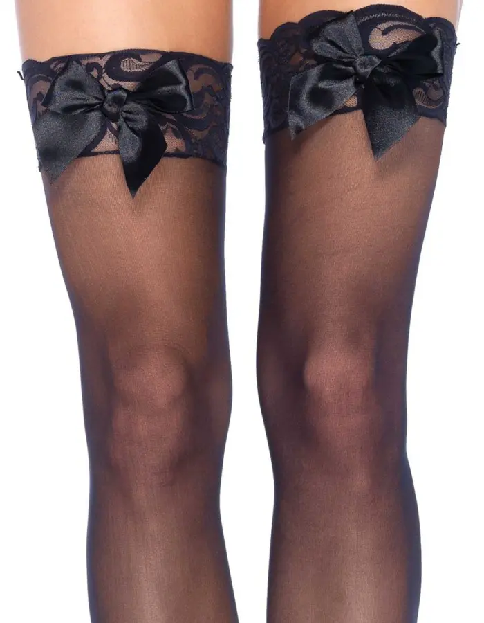 Sheer Lace Top Thigh Highs With Satin Bow Accent - One Size - Black