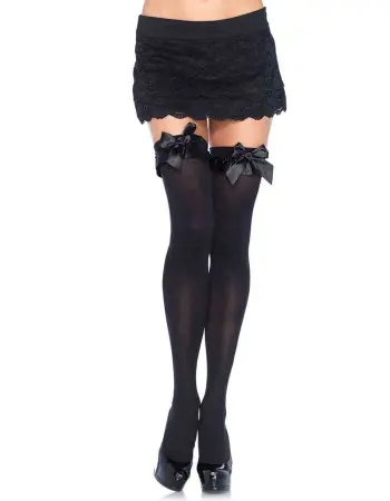 Opaque Thigh Highs With Satin Ruffle Trim and Bow - One Size - Black
