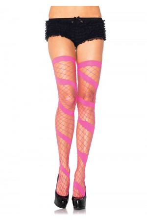 Swirl Diamond Net Thigh Highs - One Size - Neon Pink