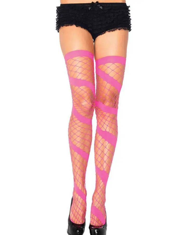 Swirl Diamond Net Thigh Highs - One Size - Neon Pink